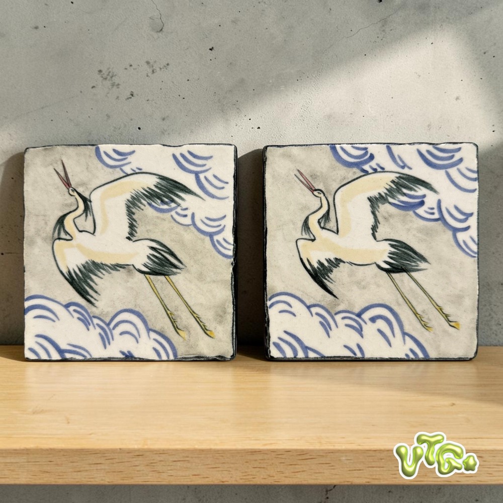 VINTAGE Saks Fifth Avenue Japanese Crane Ceramic Art Tiles | Set of 2 Ukiyo-e